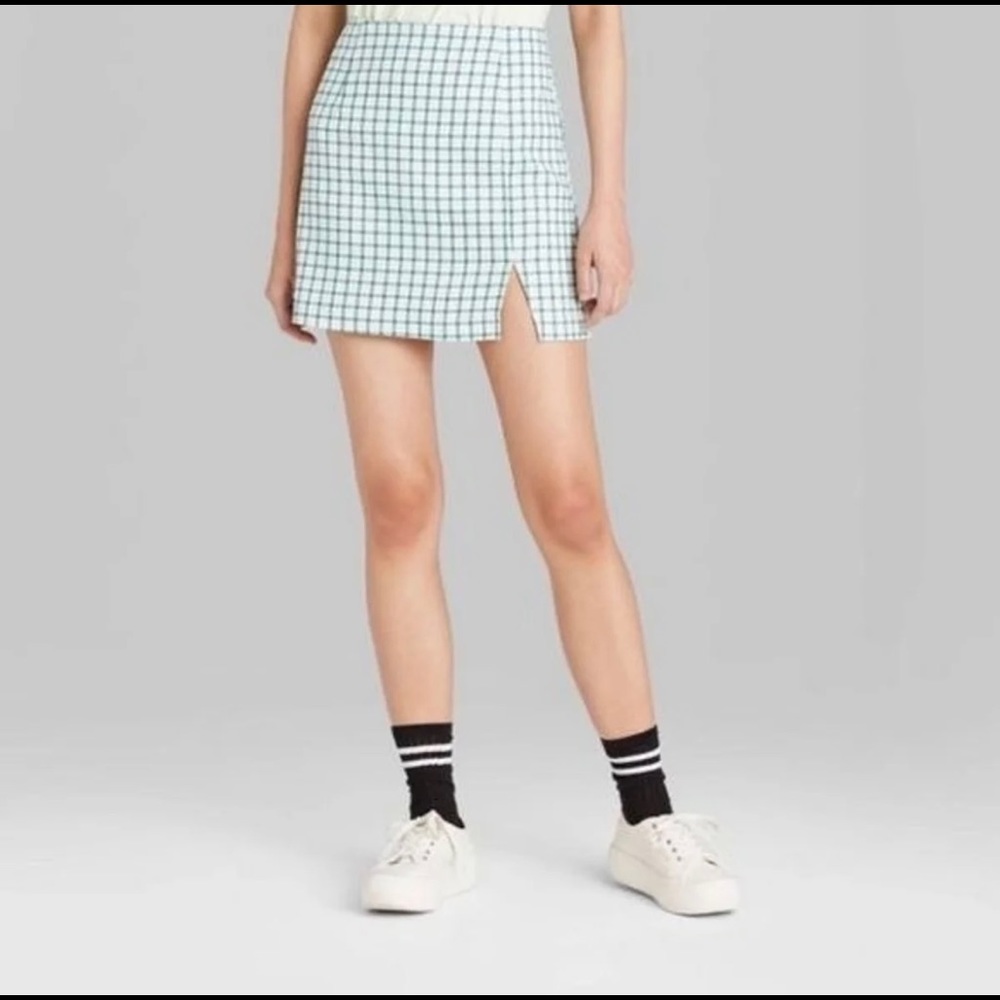 Wild Fable Green Plaid Front Slit Short Mini A-Line Skirt